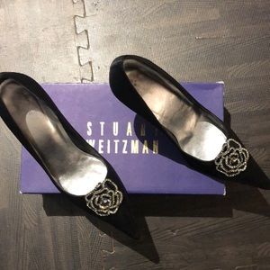 Stuart Weitzman Black Satin Carnation Crystal Pump